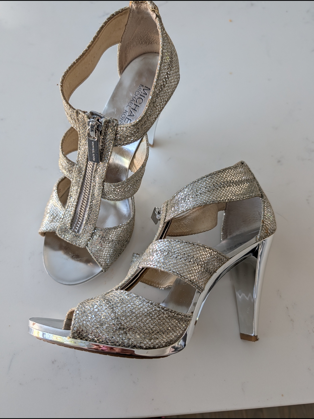 Silver And Gold Metallic Strappy High Heel Sandals